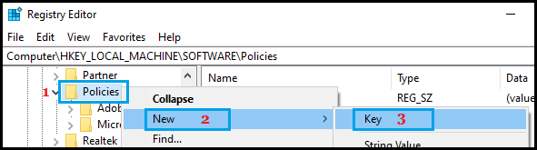 Create Google Key in Windows Policies Folder