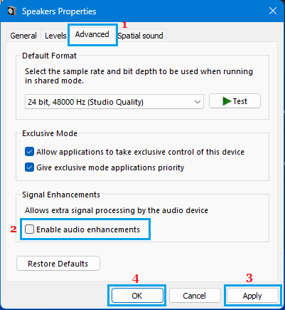 Disable Audio Enhancements For Speaker on Windows Computer