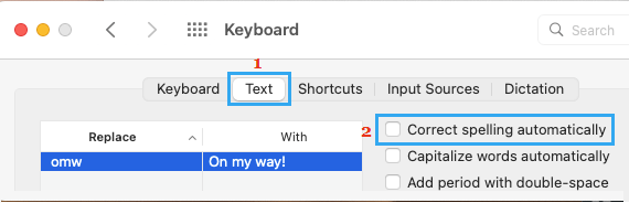 Disable Correct Spelling Automatically Option on Mac
