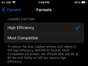Enable High Efficiency Photo Format on iPhone