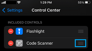 Move Code Scanner in Controls Section of iPhone