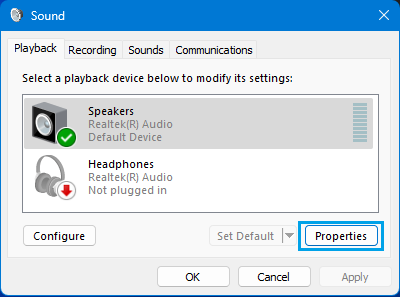 Open Speaker Properties Option on Windows Computer