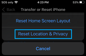 Reset Location & Privacy option on iPhone