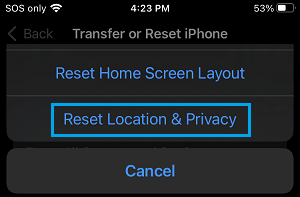 Reset Location & Privacy Settings Option on iPhone