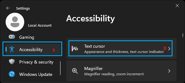Text Cursor Settings Tab in Windows