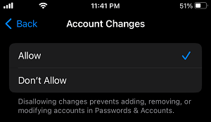 Allow Account Changes Option on iPhone