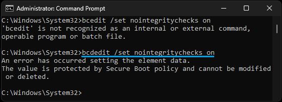 Disable "Driver Signature Enforcement" Using Command Prompt