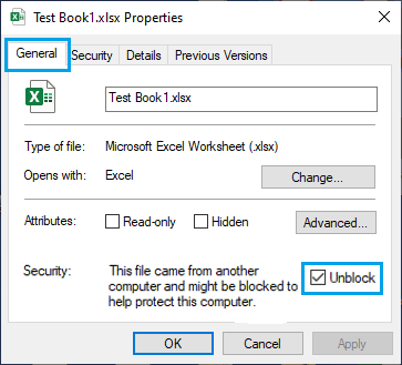 Unblock Excel File On File Properties Screen