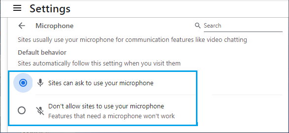 Allow Websites to Access Microphone Option in Google Chrome