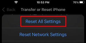 Reset All Settings option on iPhone