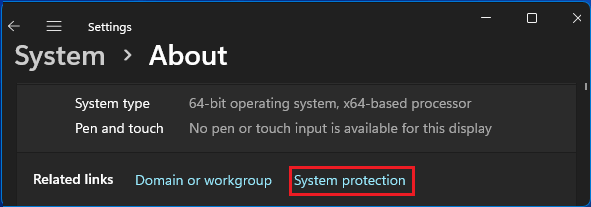 System Protection Link in Windows Settings Screen