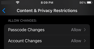 Account & Passcode Changes Settings Option on iPhone
