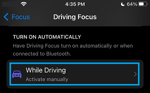 While Driving Settings Option on iPhone