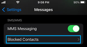 Blocked Contacts Tab on iPhone Messages Screen