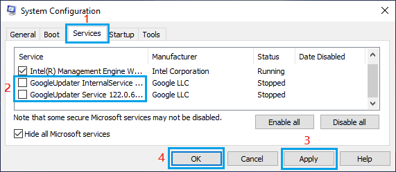 Uncheck GoogleUpdater Service on System Configuration Screen