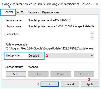 Disable GoogleUpdater Service Startup Type