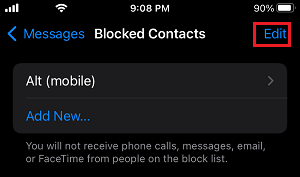 Edit Blocked Contact Option on iPhone Messages Screen