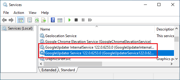 GoogleUpdater Service on Services Screen