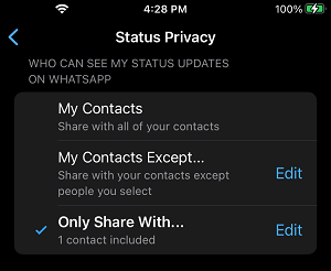 Only Share Status With Option in WhatsApp on iPhone