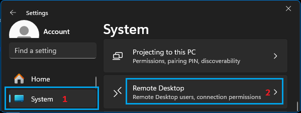 Remote Desktop Settings Option in Windows 11