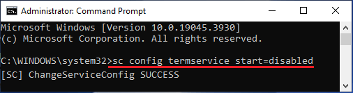 Run sc config termservice start=disabled Command