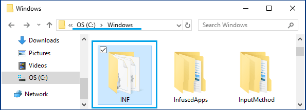 Location of INF Folder in Windows
